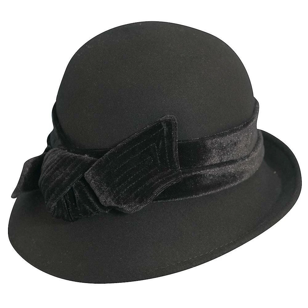 The Kinsey - Scala LF170 Black Wool Felt Cloche Hat W/ Velvet Bow & Adjustable Drawstring 4 The Kinsey - Scala LF170 Black Wool Felt Cloche Hat W/ Velvet Bow & Adjustable Drawstring - Image 2